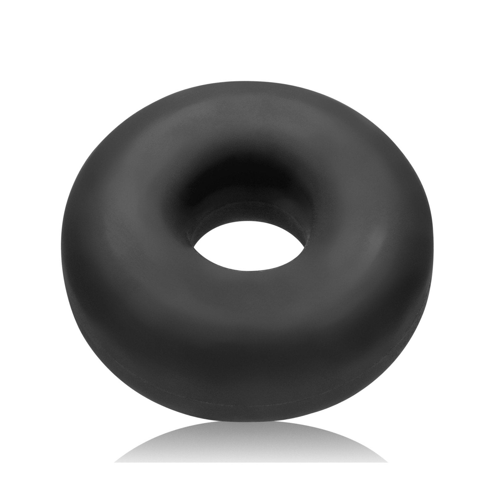 The Oxballs Big Ox Cockring, a sleek black rubber ring with a smooth, reflective finish, elegantly stands out against a white background.