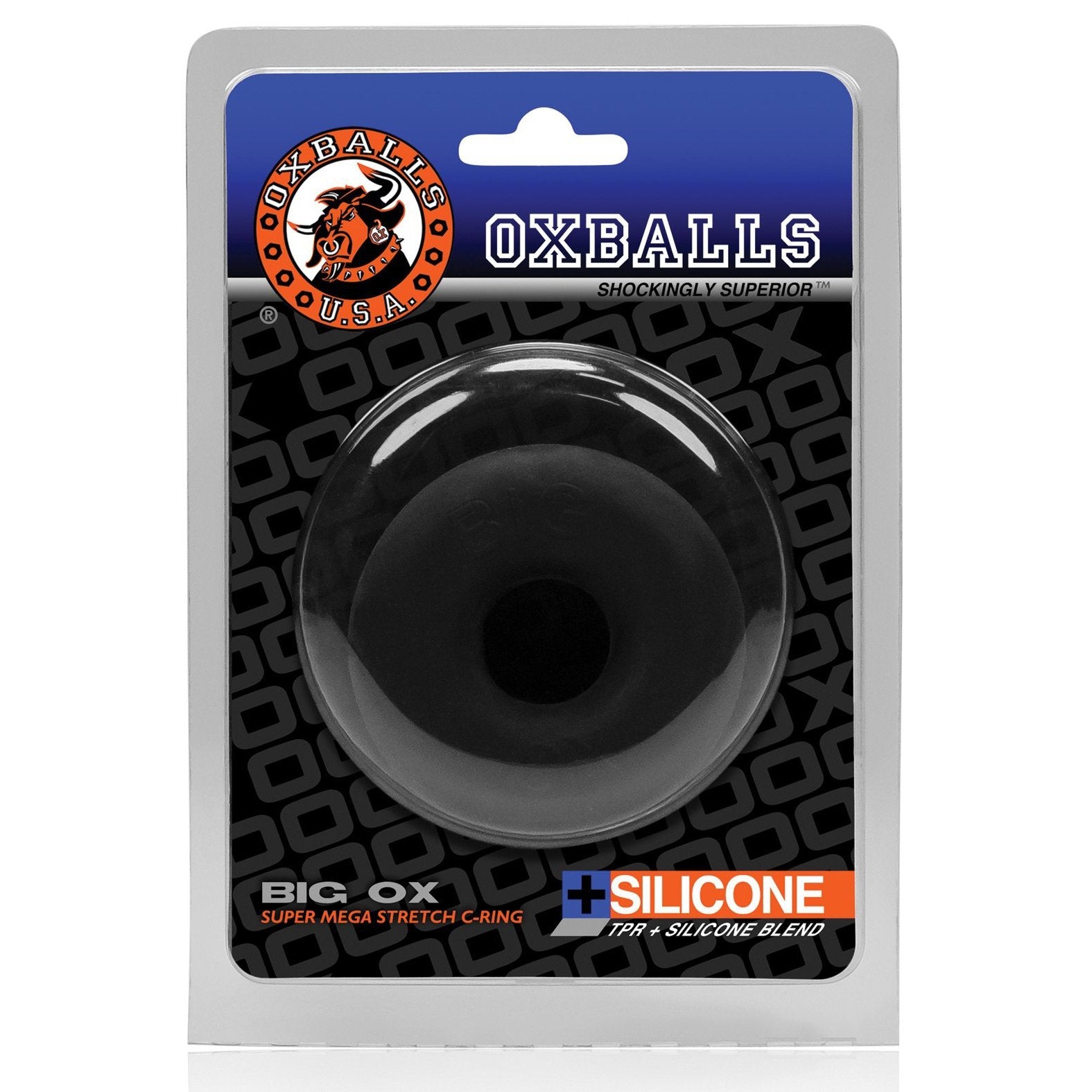 The Oxballs Big Ox Cockring, a black silicone super mega stretch C-ring, stands out for its exceptional elasticity. Featuring the prominent Oxballs logo, it highlights the durability and premium quality of this versatile accessory.