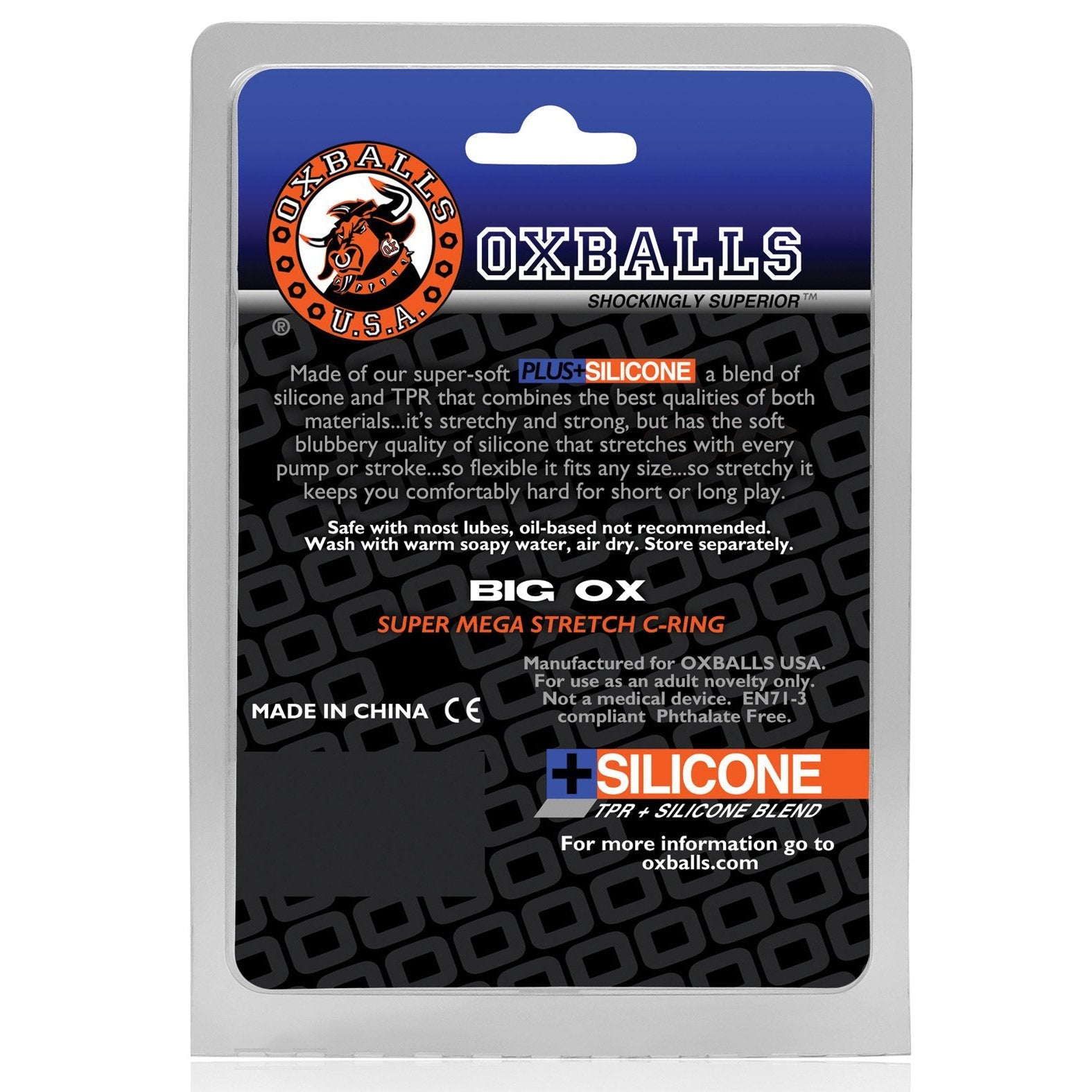 The image displays the Oxballs Big Ox Cockring packaging. This soft, sturdy silicone blend C-ring offers ultimate comfort and flexibility. Made in China by Oxballs, with details provided at the bottom of the package.