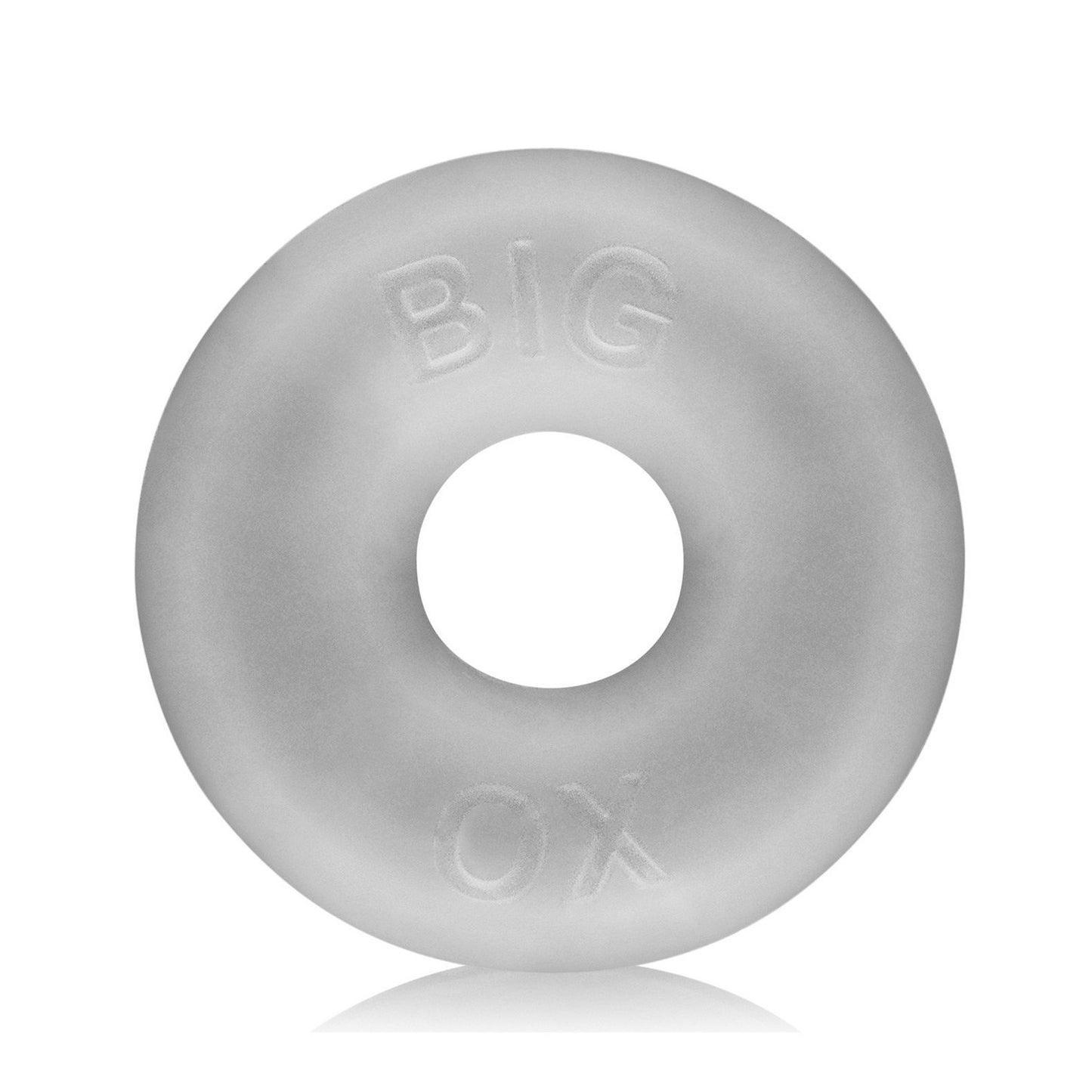 A silver-gray donut-shaped ring called the Oxballs Big Ox Cockring by Oxballs features the words BIG OX engraved on its surface, set against a pristine white background.