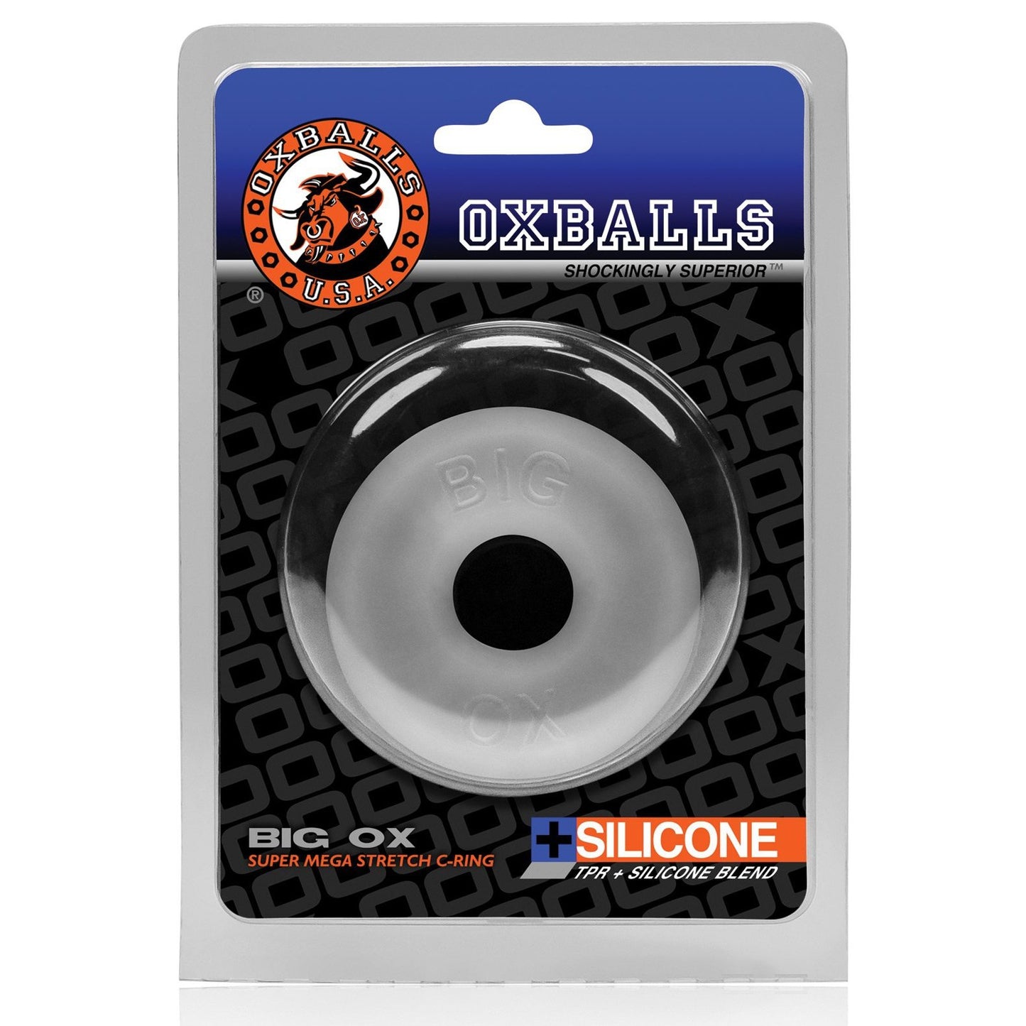 The Oxballs Big Ox Cockring package displays a central round silicone piece with branding and descriptions above and below. The background sports a repeating pattern of the Oxballs logo, enhancing its unique presentation.