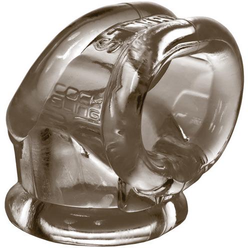 The Oxballs Cocksling 2 from Oxballs is a transparent silicone accessory featuring a glossy finish and smooth texture. It has two connected loops, ideal for external use as a cock ring or ball stretcher on specific body parts.