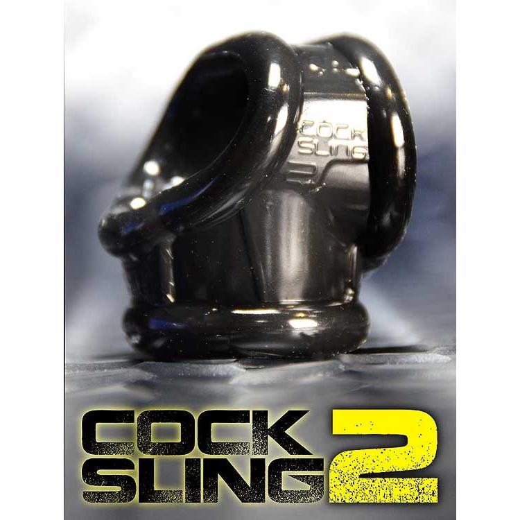 A close-up of the Oxballs Cocksling 2, a black silicone product from Oxballs, features COCK SLING 2 written in yellow at the bottom.