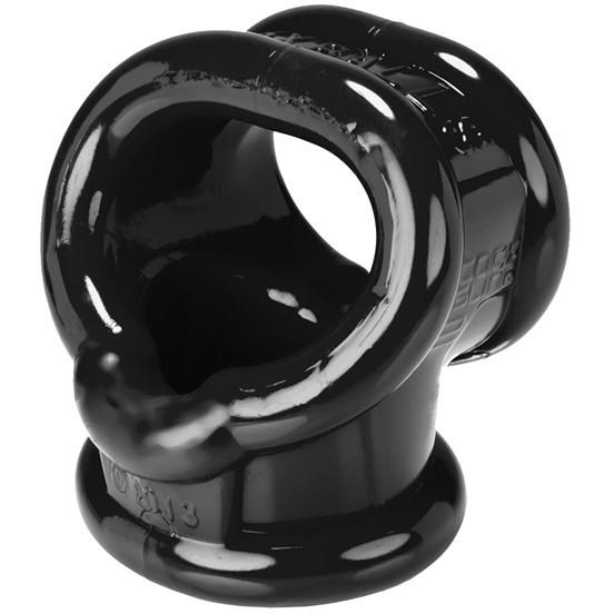 Close-up of a glossy black rubber object with a curved, hollow design and two circular openings connected by a thick band—an intriguing Oxballs Cocksling 2.