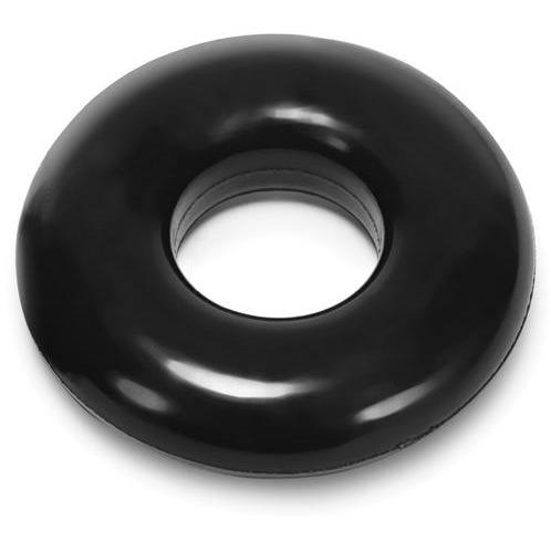 The Oxballs DO-NUT-2 Cock Ring is made from body-safe FLEXXX TPR with a shiny, smooth black finish. It features a central hole and glossy surface resembling a large donut, showcasing its reflective, rubbery texture.