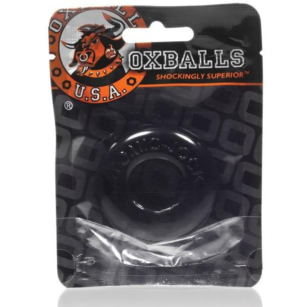 The Oxballs DO-NUT-2 Cock Rings packaging features a logo with an illustrated ox head and Shockingly Superior text. Its made of body-safe FLEXXX TPR and comes in transparent packaging with a decorative background.