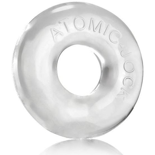 A transparent, round silicone ring with a central hole is crafted from body-safe FLEXXX TPR material. Embossed with ATOMIC-JOCK, it stands out in the Oxballs DO-NUT-2 Cock Ring collection by Oxballs.