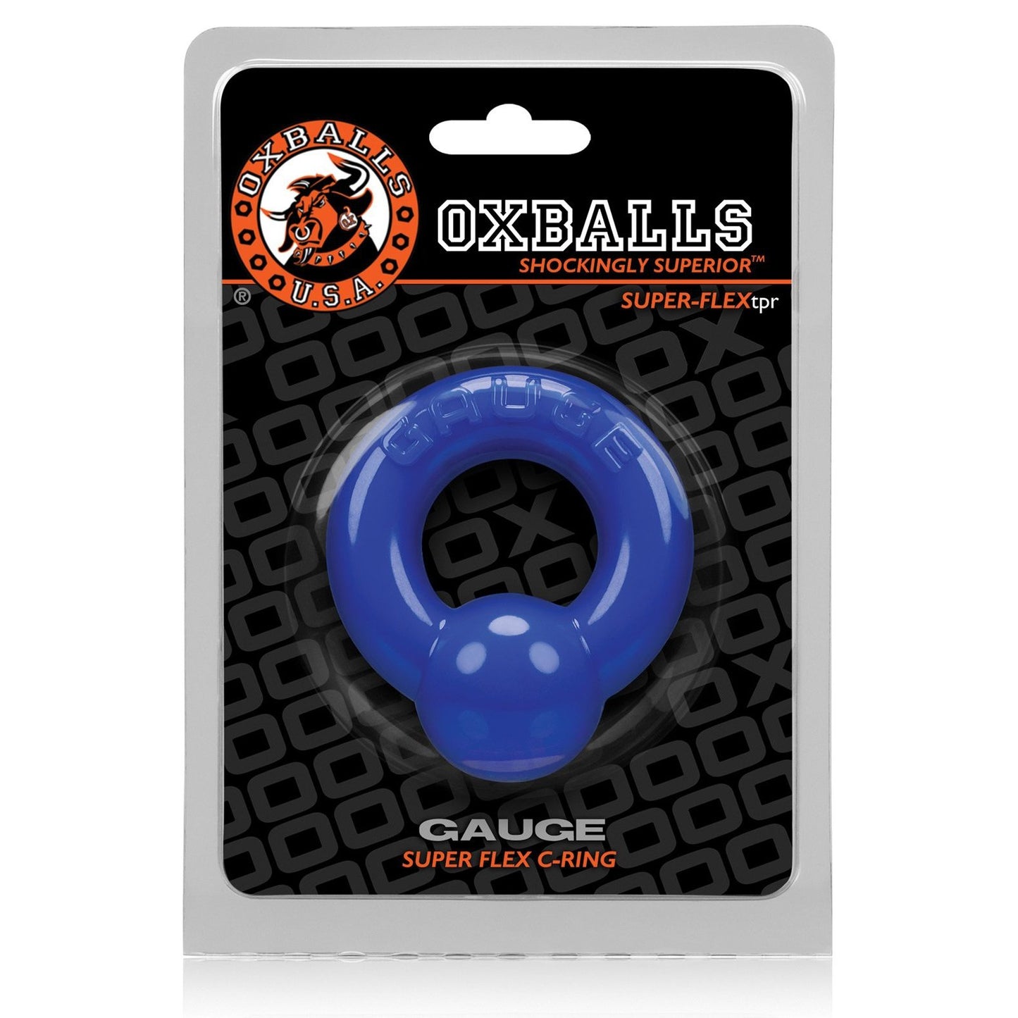 The image shows a blue circular item in clear packaging labeled OXBALLS GAUGE SUPER FLEX C-RING. Made from SuperFLEXtpr, it is set against a black background with orange accents beneath the OXBALLS U.S.A. Shockingly Superior logo, ideal for those exploring cock ring options.