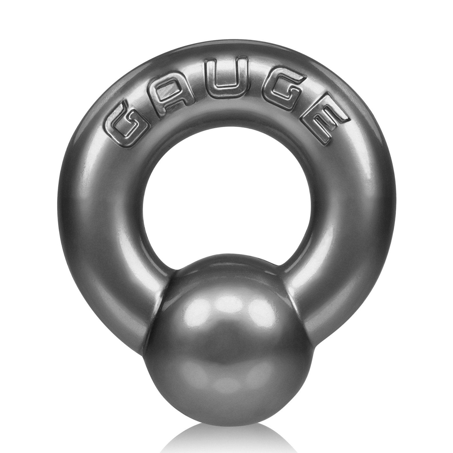 The Oxballs Gauge Cockring by Oxballs is a metallic circular object with GAUGE engraved on top, featuring a spherical element below, similar to a decorative padlock. Crafted with SuperFLEXtpr technology, it can uniquely serve as penis piercing jewelry.