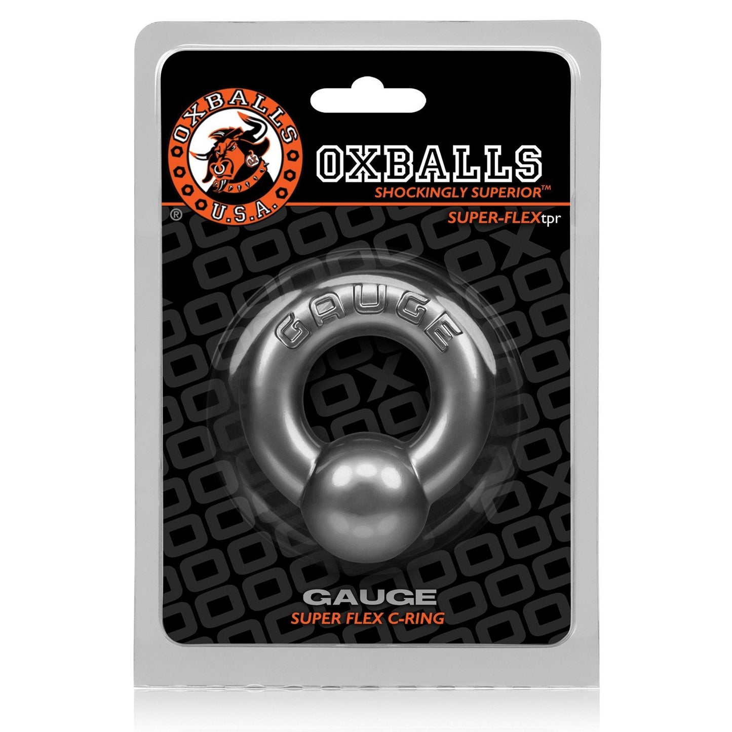 The Oxballs Gauge Cockring, made from SuperFLEXtpr, comes elegantly packaged with a black background featuring the Oxballs logo and Shockingly Superior tagline. This Super Flex C-Ring is ideal for those seeking alternatives to traditional penis piercing jewelry.