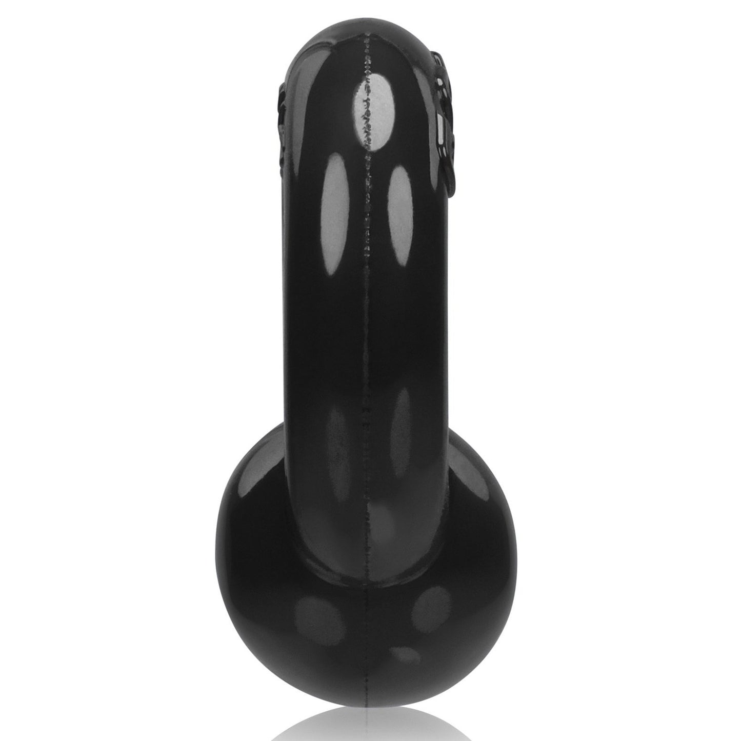 The Oxballs Gauge Cockring, crafted from glossy SuperFLEXtpr resembling a short curved tube with a rounded base, is showcased against a white background. Its reflective surface highlights the high-quality allure typical of the Oxballs brand.