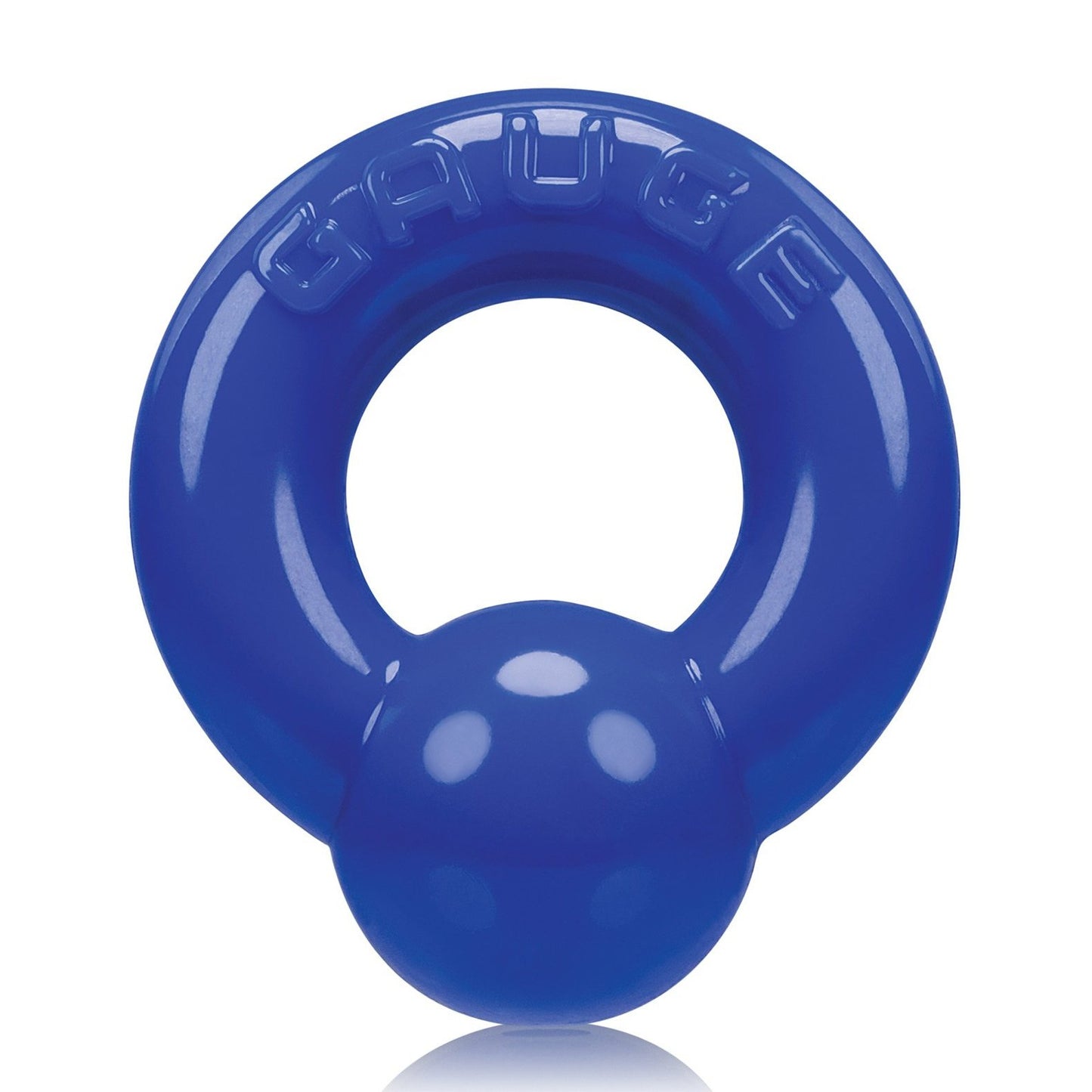 Introducing the blue Oxballs Gauge Cockring dog toy by Oxballs, featuring GUARD on top. Its cock ring-like design includes a rounded handle structure for easy gripping, promising endless fun for your furry friend.