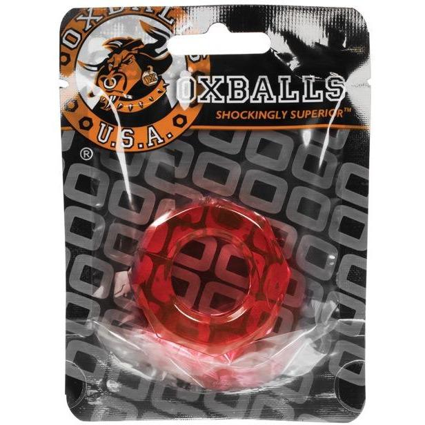 The Oxballs HUMPBALLS Cock Ring features the iconic ox head logo and the slogan Oxballs U.S.A. Shockingly Superior on a packaging backdrop of overlapping gray squares, highlighting its body-safe Skinflex TPR material and red ring shape.