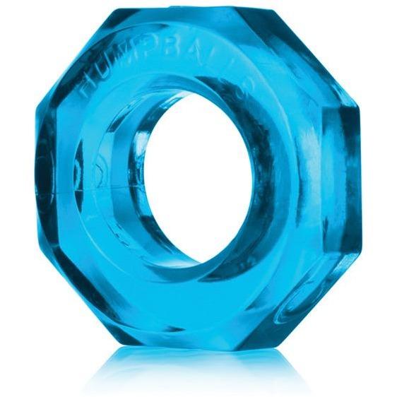 The Oxballs HUMPBALLS Cock Ring by Oxballs is a body-safe, octagonal blue ring made from Skinflex TPR, featuring a glossy finish with engraved text. Its hollow center and gem-like design reflect light for an enhanced visual effect.