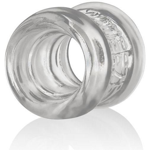 The Oxballs Squeeze Ball Stretcher by Oxballs features a transparent, cylindrical ring with smooth, curved surfaces and a reflective sheen on a white background, embodying an ergonomic design.