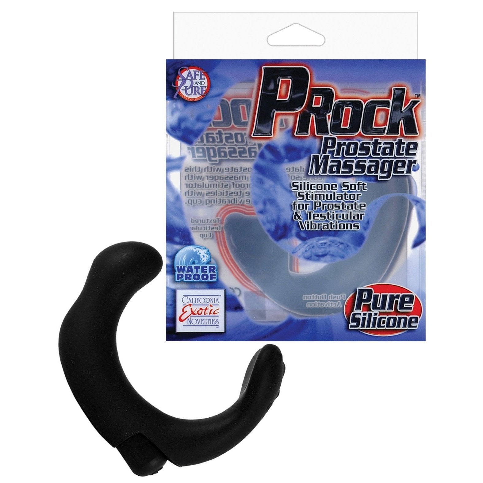 A sleek black P-Rock Prostate Massager by California Exotic Novelties, made of pure silicone and waterproof, is displayed with its blue and white packaging. The box showcases key features for a high-quality experience.
