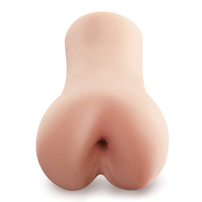 The PDX Male Blow Go Mega Stroker by PDX is a beige, abstract sculpture with smooth, rounded curves. Its elongated oval shape with a central split evokes the artistry and allure of an elegantly designed pleasure-giving gadget, beautifully set against a plain white background.
