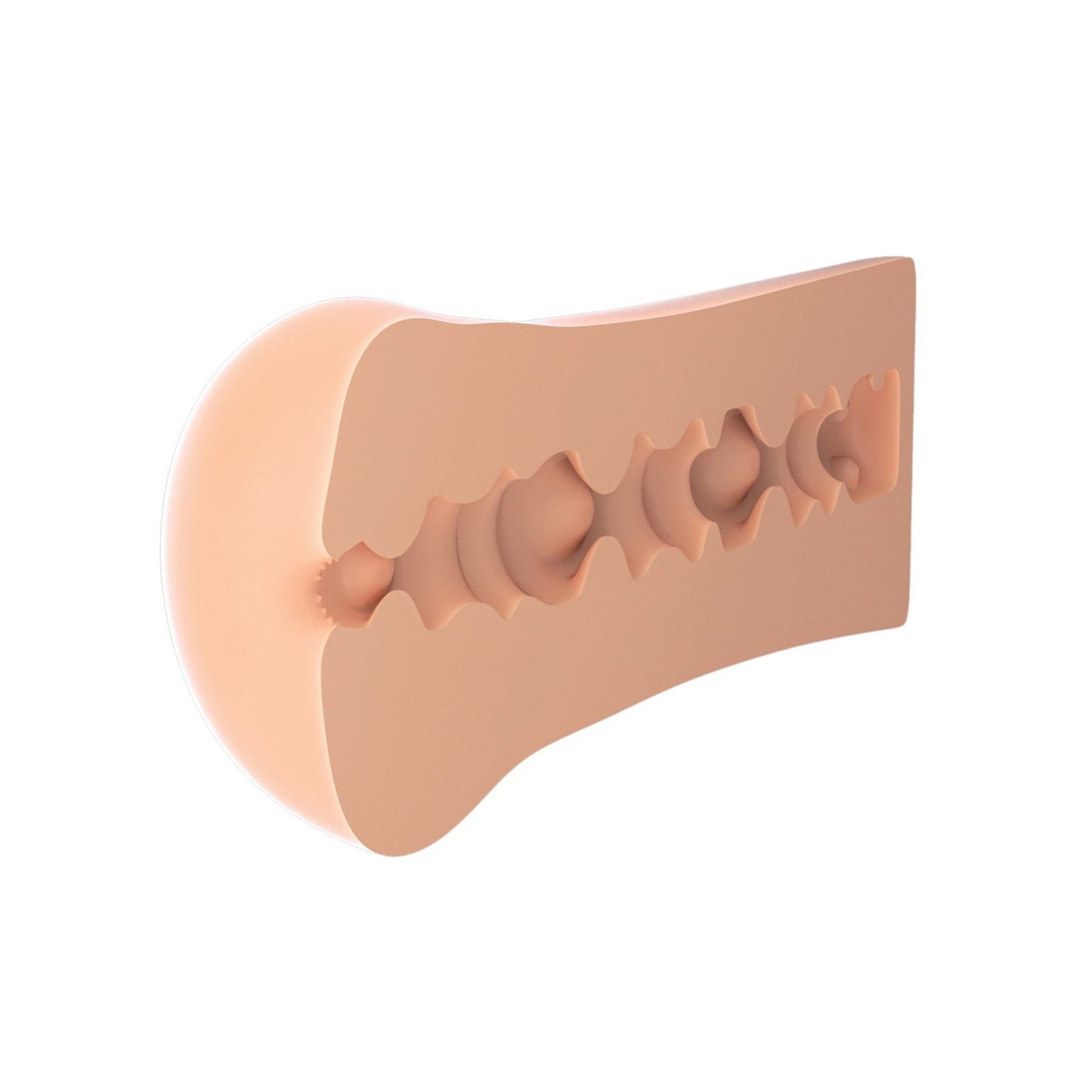 The PDX Male Blow Go Mega Stroker, elegantly displayed against a white background, is a beige travel-sized stroker with a textured interior featuring various bulges and ridges for simulation or modeling purposes.