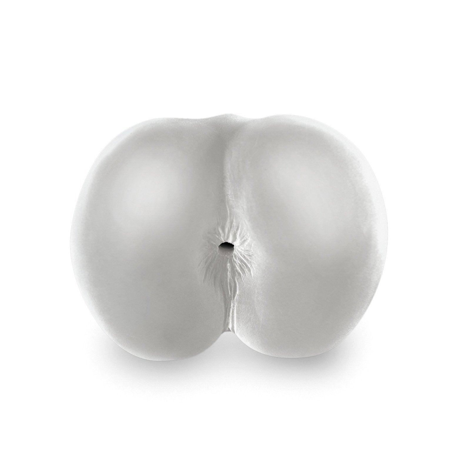 The PDX Male Blow Go Mega Stroker, with its glossy, smooth spherical design and central crease resembling a gray metal sculpture, stands out against a plain white background, showcasing its discreet nature as the ultimate pleasure-giving gadget.