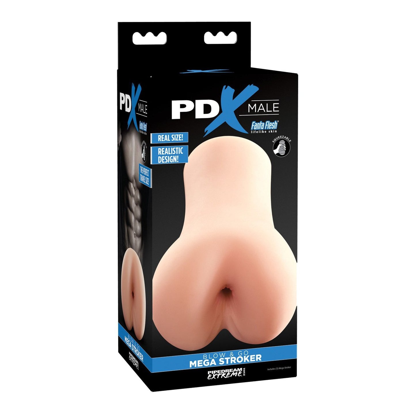 The PDX Male Blow Go Mega Stroker by PDX features realistic packaging, highlighting key attributes such as Real Size. Its travel-sized design is adorned in black, blue, and skin-toned colors for ultimate convenience.
