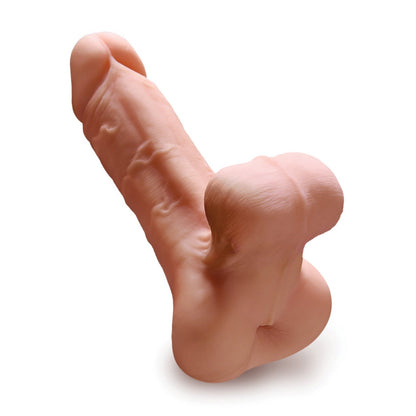A realistic silicone model of a human penis, detailed with skin textures and veins, stands upright against a plain white background, echoing the essence of the PDX Male Reach Around Stroker.