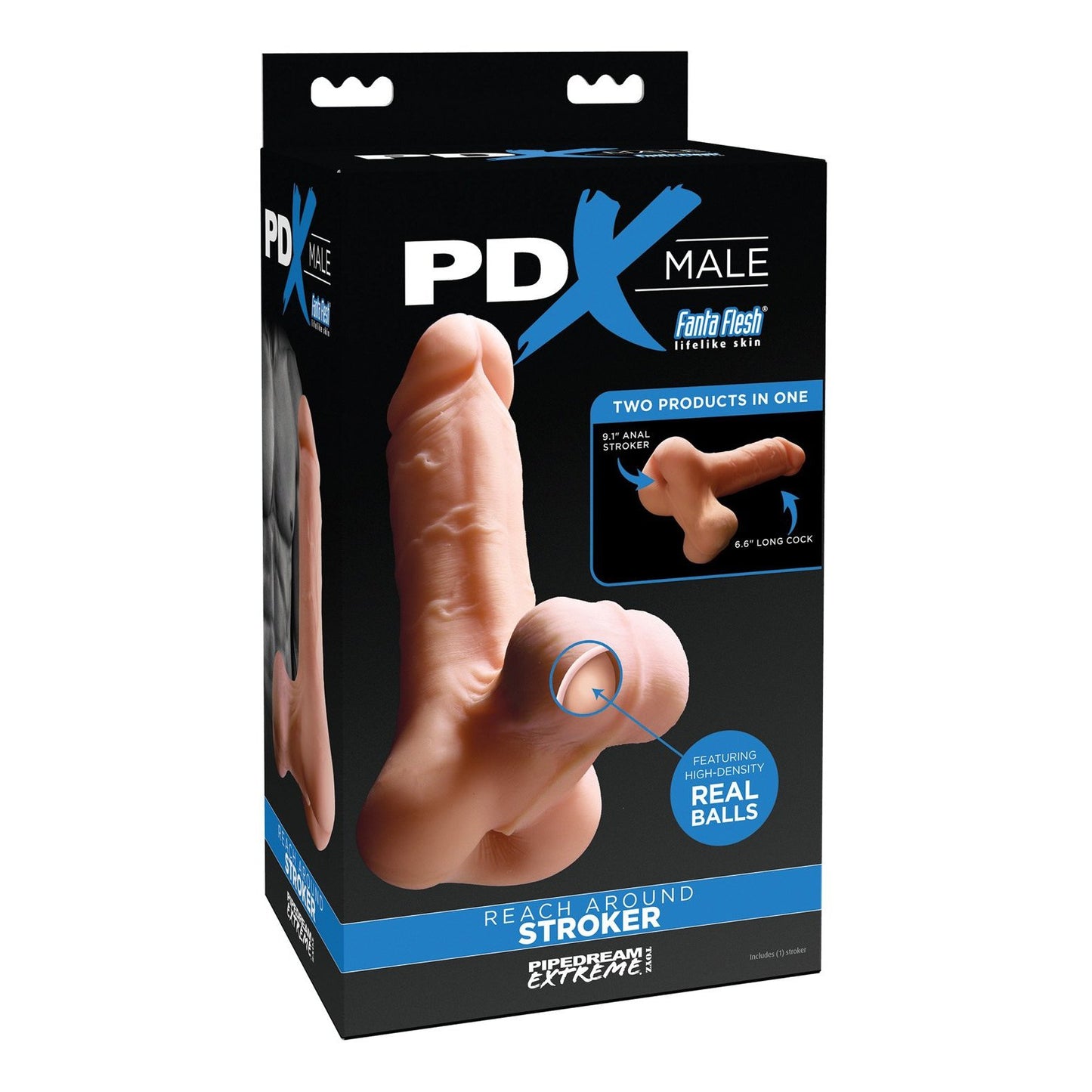 The PDX Male Reach Around Strokers box showcases its realistic texture and dual features: a 7 stroker and an 8 cock.