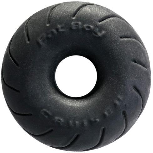 The Perfect Fit Cruiser Cock Ring is a black, donut-shaped rubber ring made from stretchy SilaSkin material with Fat Boy Cruiser embossed on it.