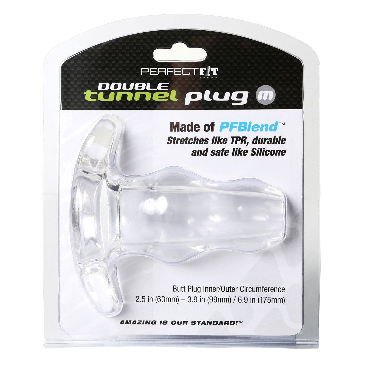 The Perfect Fit Double Tunnel Plug is crafted from premium PFBlend material, stretching like TPR but as durable and safe as silicone, with size options for a perfect fit, all showcased on its packaging for an exciting penetration play experience.
