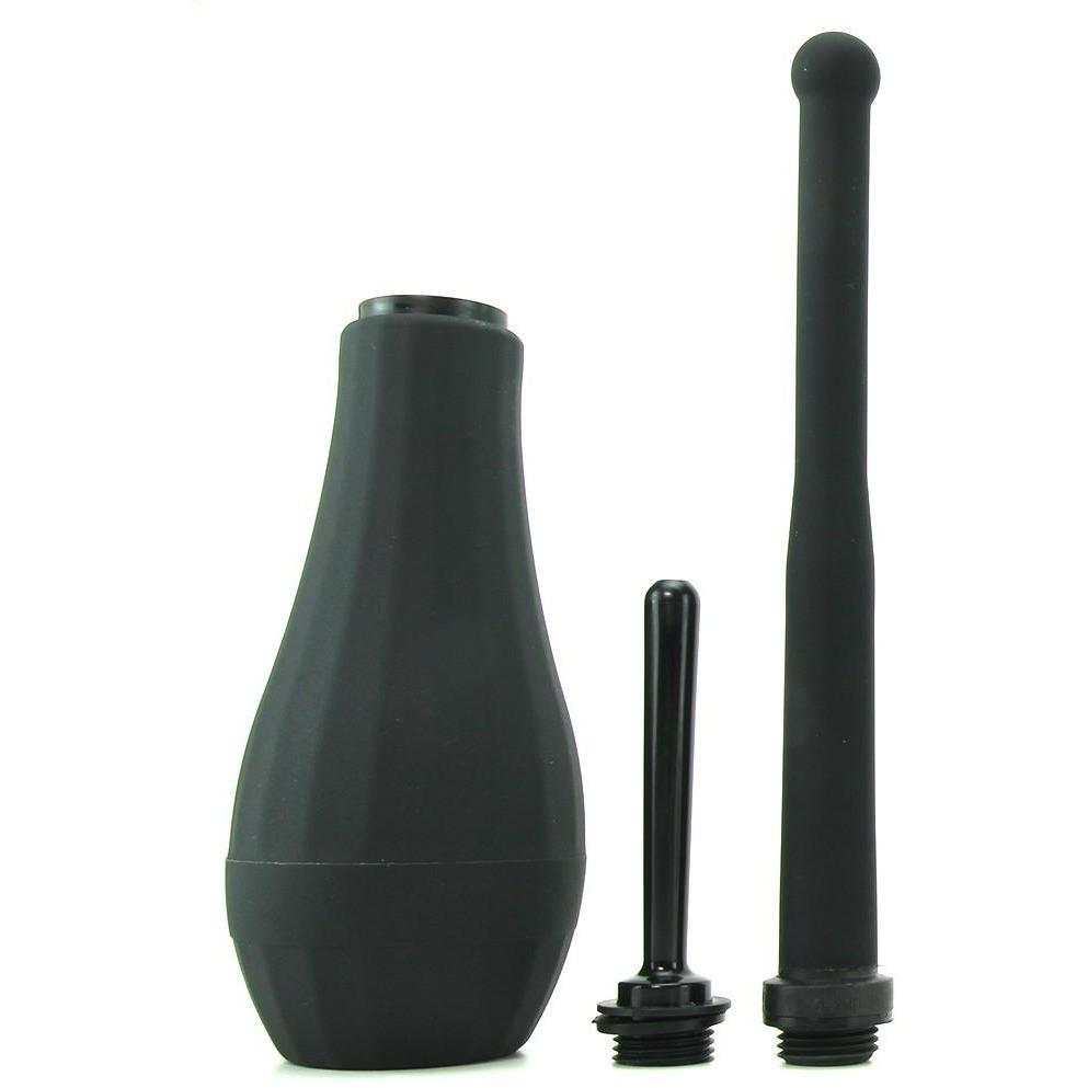 The Perfect Fit Ergoflo Director Enema features a black rubber squeeze bulb made from medical-grade silicone, complete with two interchangeable nozzles and advanced air-valve technology, ideal for use as an anal douche. It stands upright on a white background.