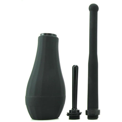 The Perfect Fit Ergoflo Director Enema features a black rubber squeeze bulb made from medical-grade silicone, complete with two interchangeable nozzles and advanced air-valve technology, ideal for use as an anal douche. It stands upright on a white background.