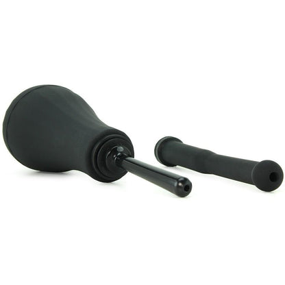 Image of the Perfect Fit Ergoflo Director Enema, featuring a black rubber bulb syringe with a medical-grade silicone nozzle, set against a white background. Ideal for liquid suction and release as an anal douche, with the extended nozzle positioned beside it.