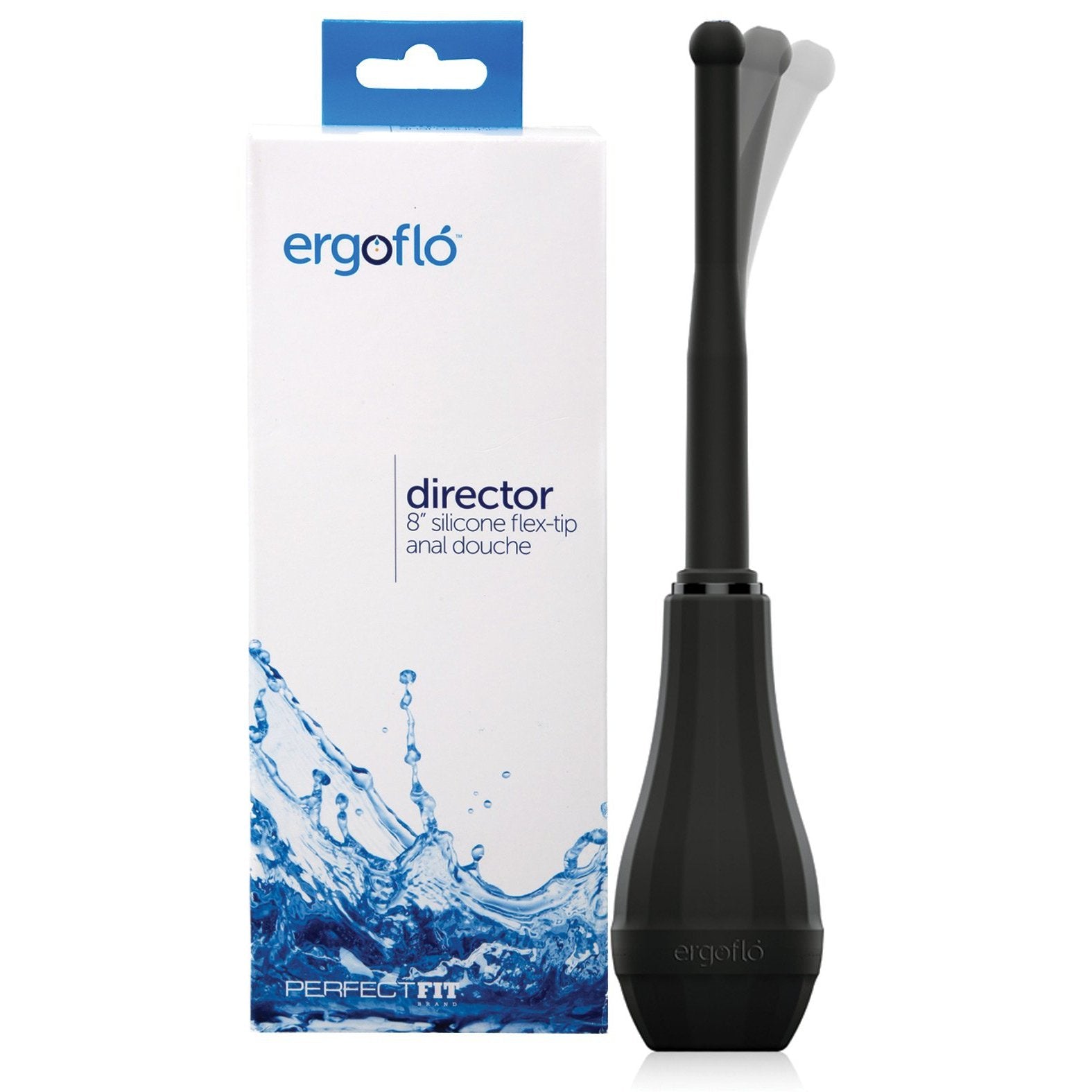 The Perfect Fit Ergoflo Director Enema, made from medical-grade silicone, is elegantly showcased next to its white box. The packaging features blue water splash graphics and bold blue product details, emphasizing its innovative air-valve technology for an enhanced experience.