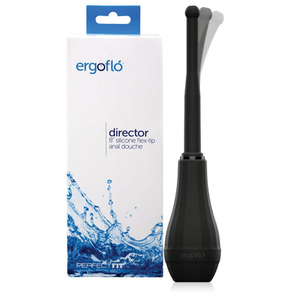 The Perfect Fit Ergoflo Director Enema, made from medical-grade silicone, is elegantly showcased next to its white box. The packaging features blue water splash graphics and bold blue product details, emphasizing its innovative air-valve technology for an enhanced experience.