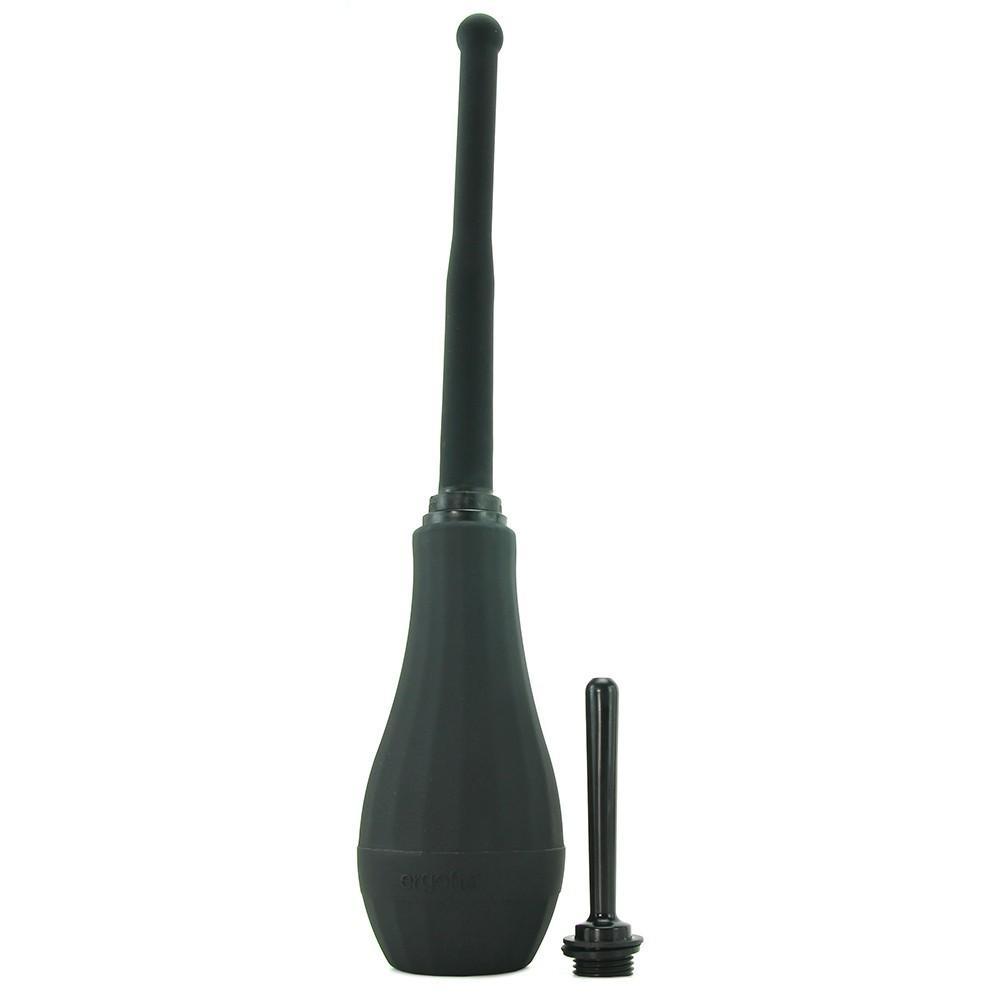 The Perfect Fit Ergoflo Director Enema by Perfect Fit is a black, medical-grade silicone bulb with long and short nozzles. Its sleek design features advanced air-valve technology for efficient anal douching.
