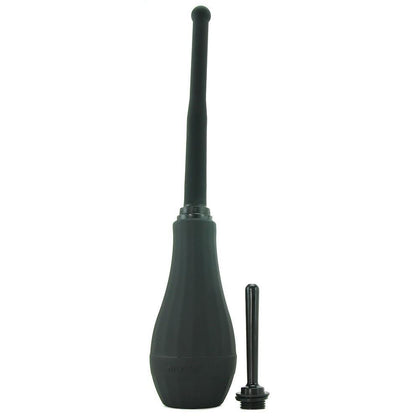 The Perfect Fit Ergoflo Director Enema by Perfect Fit is a black, medical-grade silicone bulb with long and short nozzles. Its sleek design features advanced air-valve technology for efficient anal douching.