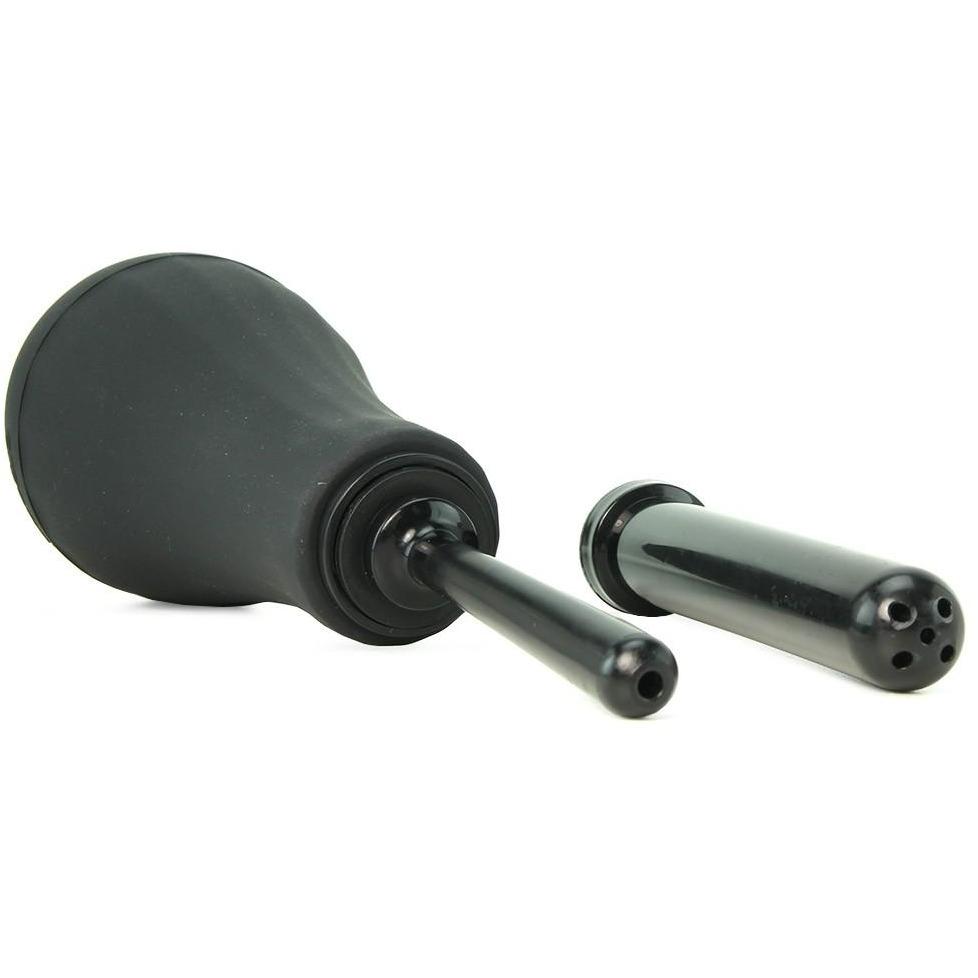 The Perfect Fit Ergoflo Extra, a black rubber syringe from medical-grade silicone, includes a perforated and detachable nozzle for optimal anal hygiene. Its oval bulb and cylindrical nozzles enhance its effectiveness.