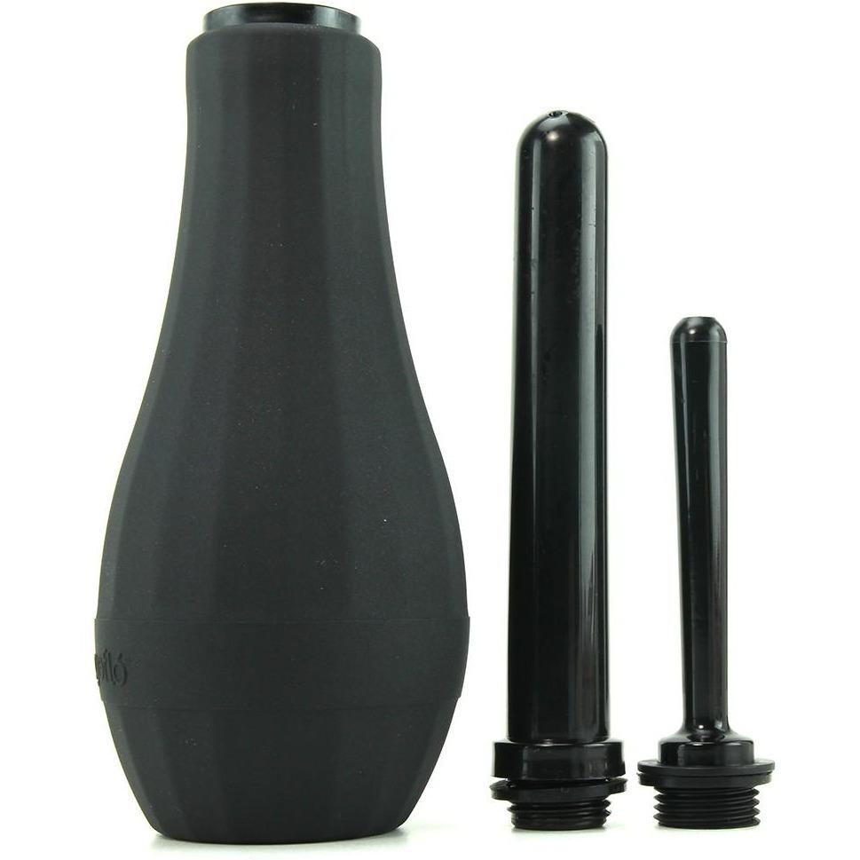 The Perfect Fit Ergoflo Extra by Perfect Fit is a black rubber bulb made of medical-grade silicone, featuring two interchangeable nozzles—medium and small—arranged upright on a white surface.