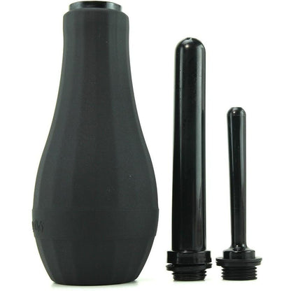 The Perfect Fit Ergoflo Extra by Perfect Fit is a black rubber bulb made of medical-grade silicone, featuring two interchangeable nozzles—medium and small—arranged upright on a white surface.