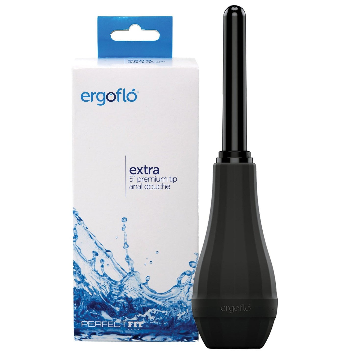 A black Perfect Fit Ergoflo Extra anal douche with a 5-inch premium tip made from medical-grade silicone stands upright beside its packaging, which displays the brand name Perfect Fit and features a blue water splash design.