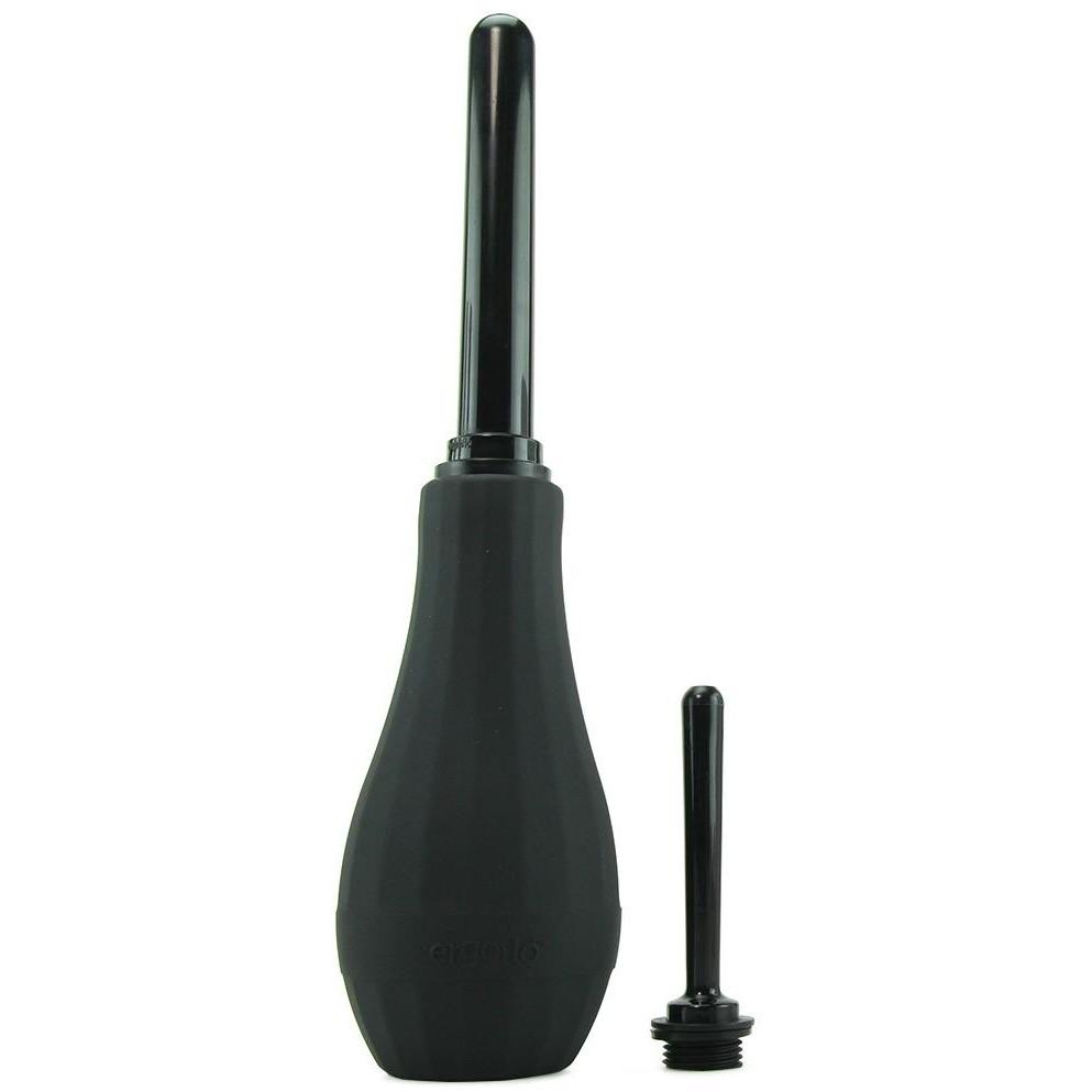 The Perfect Fit Ergoflo Extra, a black enema bulb made from medical-grade silicone, includes a long nozzle and an extra nozzle, all set against a white background.