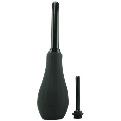 The Perfect Fit Ergoflo Extra, a black enema bulb made from medical-grade silicone, includes a long nozzle and an extra nozzle, all set against a white background.