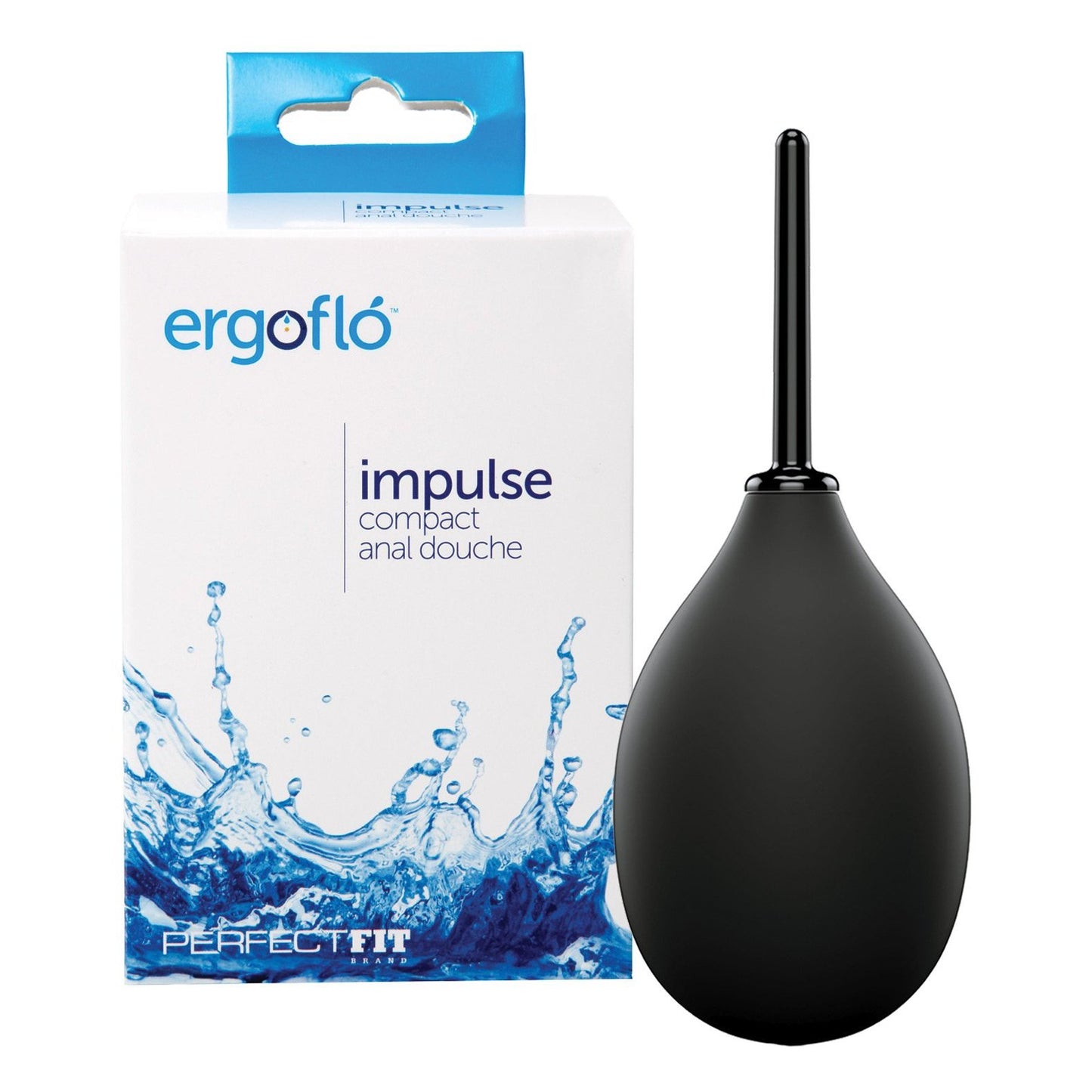 The image shows the Perfect Fit Ergoflo Impulse Anal Douche, a black bulb-shaped device with a long nozzle next to its packaging. The box features Perfect Fit and Impulse Compact Anal Douche text, along with water splash graphics on a white background, highlighting its compact design.