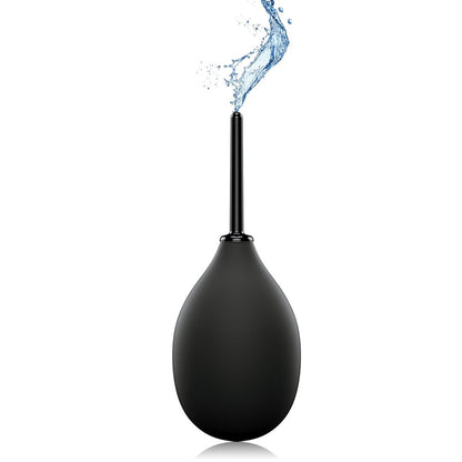 The Perfect Fit Ergoflo Impulse Anal Douche features a sleek design with a black bulb syringe and an extended nozzle that directs an upward water stream, showcased against a white backdrop.
