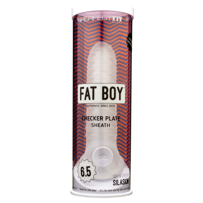 A cylindrical package labeled Fat Boy contains the Perfect Fit Fat Boy Checker Plate Sheath. It has a red and black geometric design with size, material, and the Perfect Fit Brand name displayed on the front.