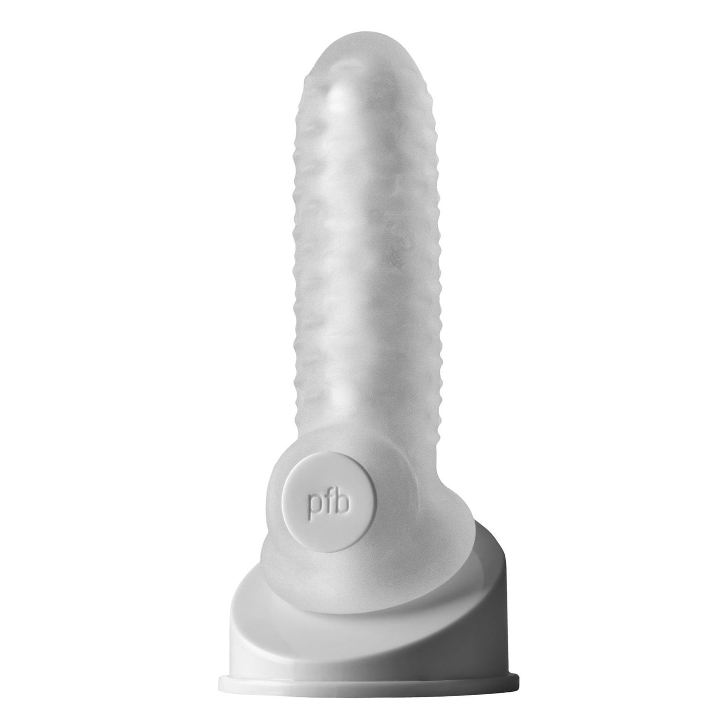 The Perfect Fit Fat Boy Checker Plate Sheath is a translucent, ribbed silicone cylinder with pfb on its round base. Standing upright against a white background, its crafted from SilaSkin by Perfect Fit, combining durability and flexibility for an exceptional touch.