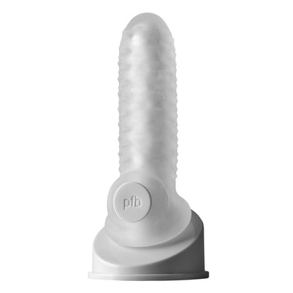 The Perfect Fit Fat Boy Checker Plate Sheath is a translucent, ribbed silicone cylinder with pfb on its round base. Standing upright against a white background, its crafted from SilaSkin by Perfect Fit, combining durability and flexibility for an exceptional touch.