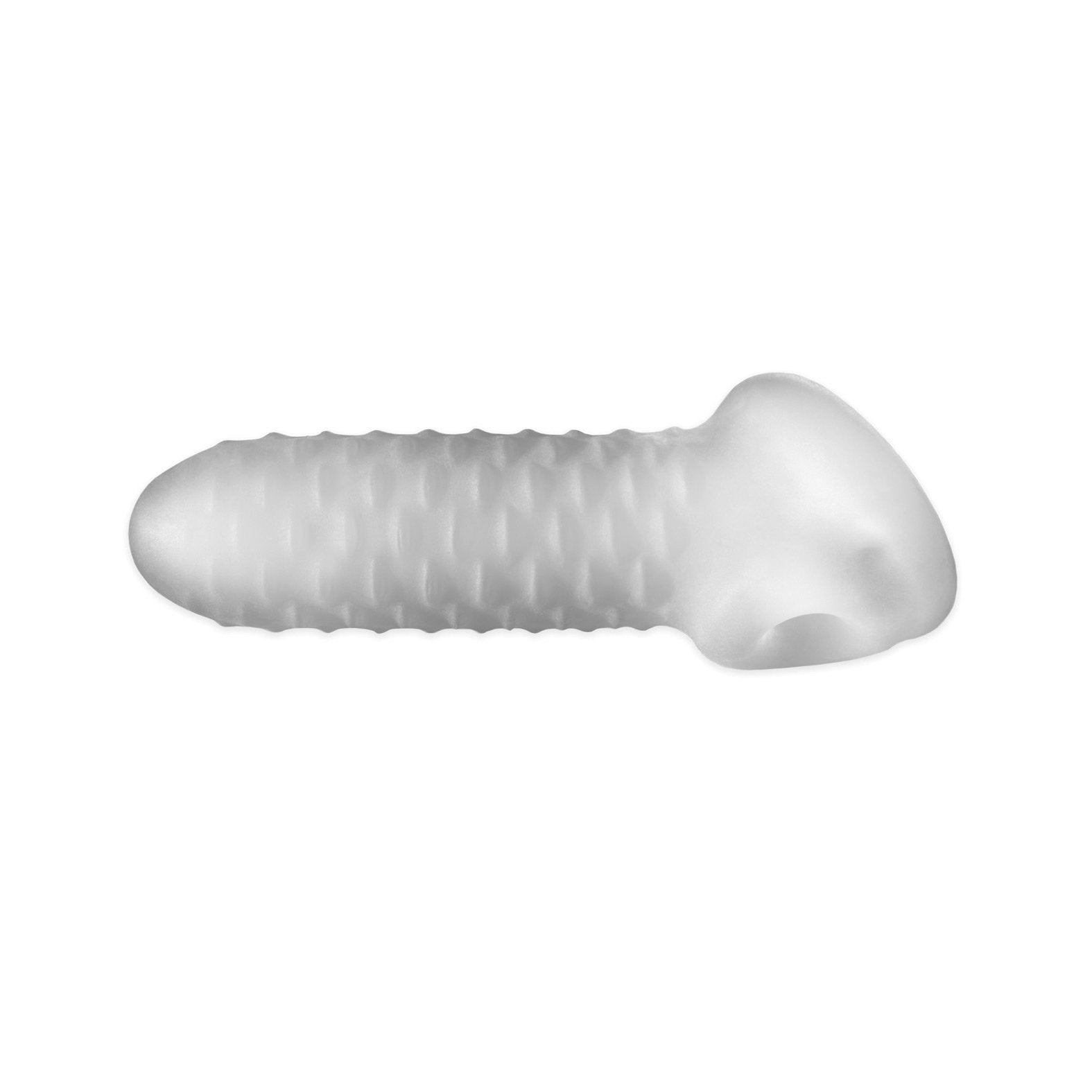 The Transparent glass sculpture, resembling a screw with a textured body and rounded head, mirrors the innovative design of Perfect Fits Fat Boy Checker Plate Sheath. Against a white background, it embodies modern artistry and precision.