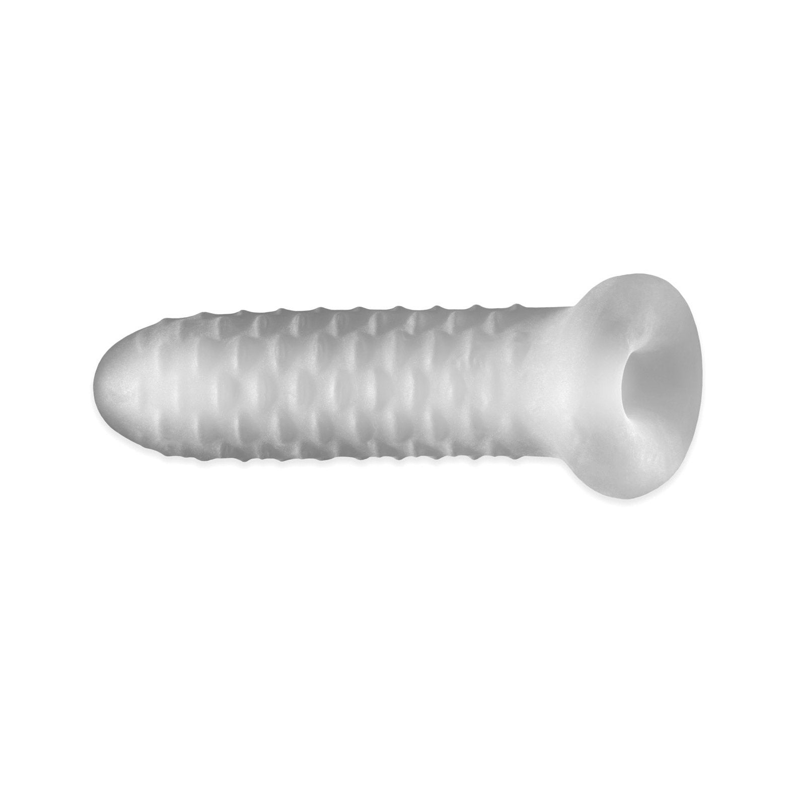 The Perfect Fit Fat Boy Checker Plate Sheath, a white plastic wall anchor from the Perfect Fit brand, showcases a textured surface and hollow end for securing screws into drywall or masonry. On a white background, it highlights its cylindrical shape and spiral ridges with precision.