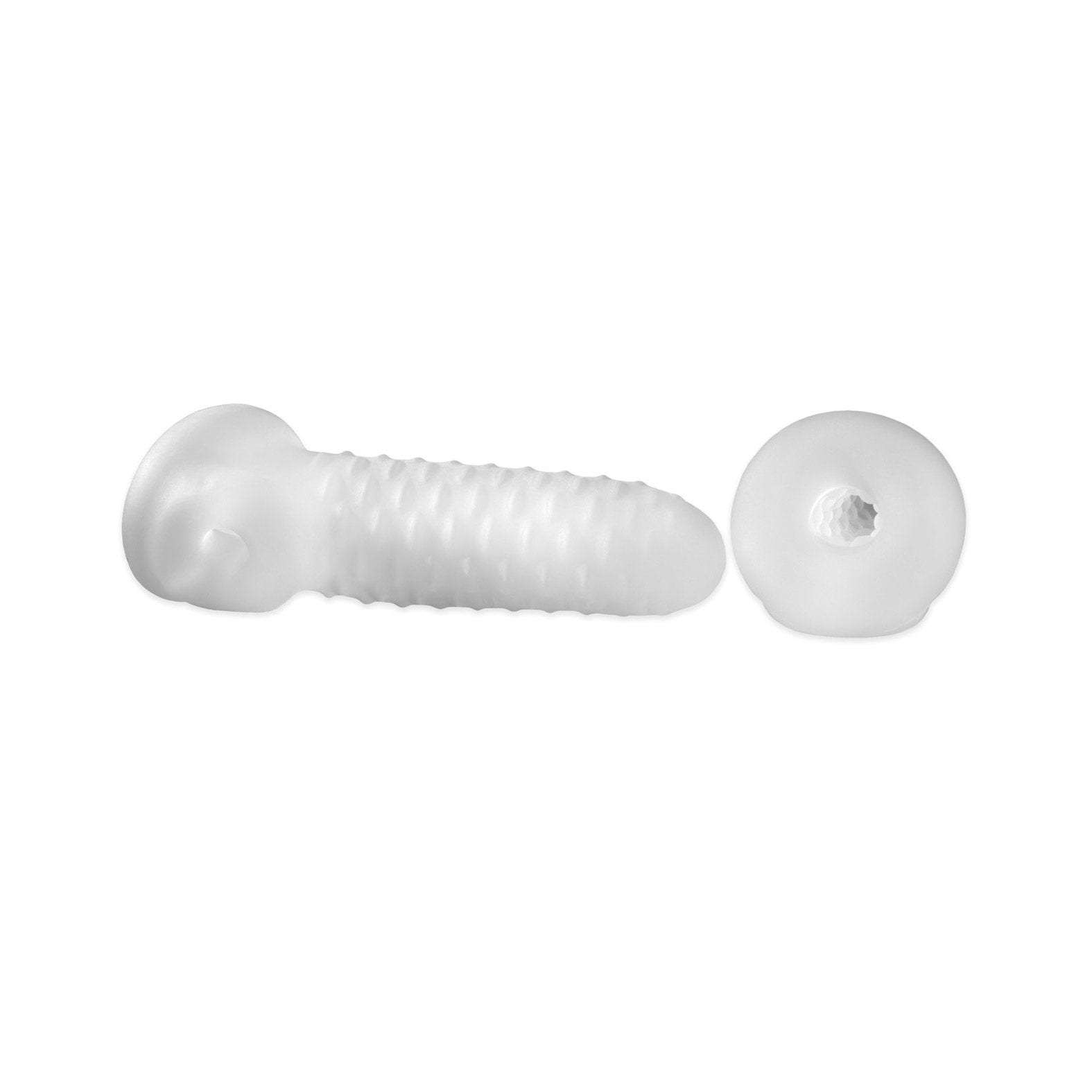 Two white plastic screws are shown on a plain background. One screw lays flat, showing its threaded shaft, while the other stands upright like a Perfect Fit Fat Boy Checker Plate Sheath product, showcasing its domed head with a small indentation.