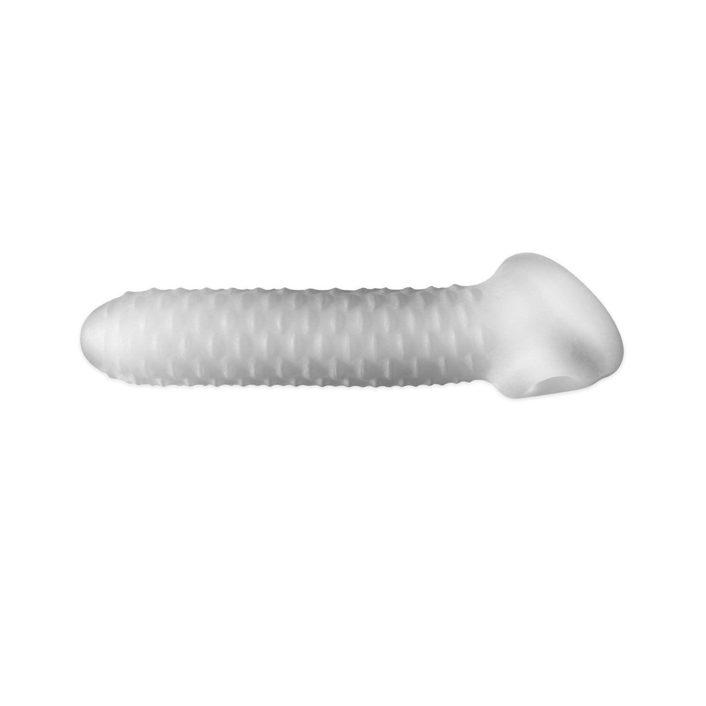 A white, textured silicone object resembling a screw sits on a plain background, highlighting the innovation of Perfect Fits craftsmanship in their Fat Boy Checker Plate Sheath.
